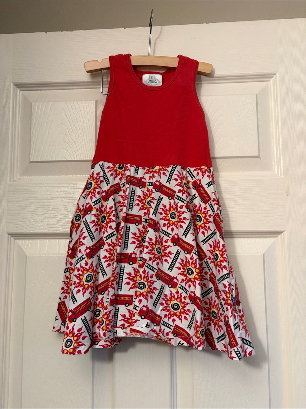 Princess Awesome Red Firetruck Print Sleeveless Casual Dress with Pockets